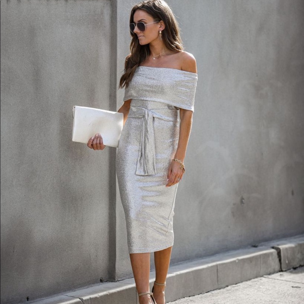 NEW VICI OFF SHOULDER METALLIC DRESS, S